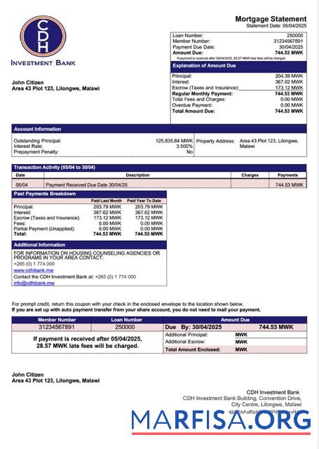 Blank Malawi CDH Investment Bank mortgage statement Word and PDF template